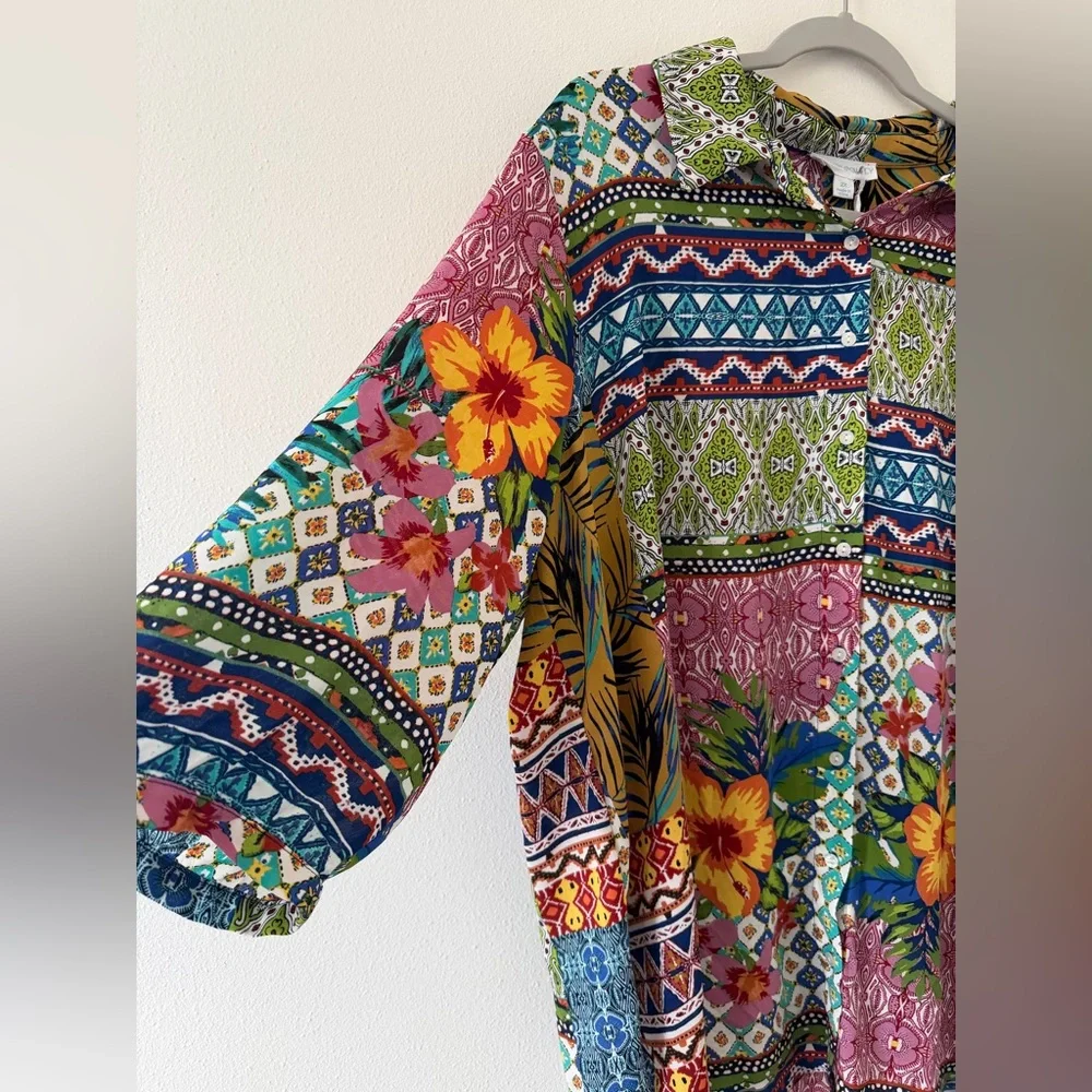 ✨NWT- Cynthia Rowley Floral Boho Pattern Patchwork 3/4 Sleeves Button Down 2X - Picture 9 of 9